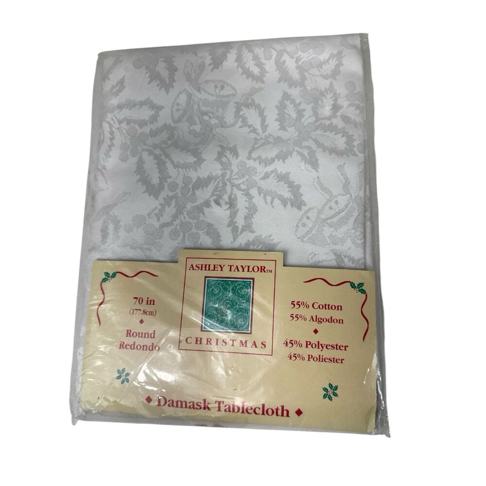 Ashley Taylor White Damask Christmas Tablecloth 70” Round Holly Leaves Bells